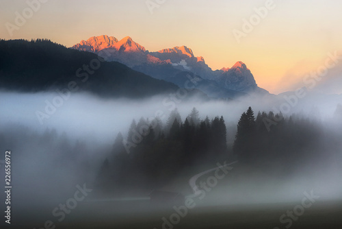 Wetterstein mountain view during autumn morning. Bavarian Alps, Bavaria, Germany.