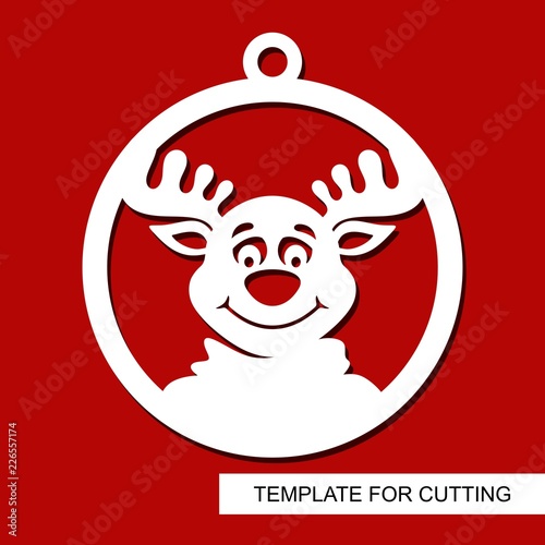 Christmas decoration - deer head. Reindeer silhouette in a ball. Template for laser cutting, wood carving, paper cut and printing. New Year theme. Vector illustration.