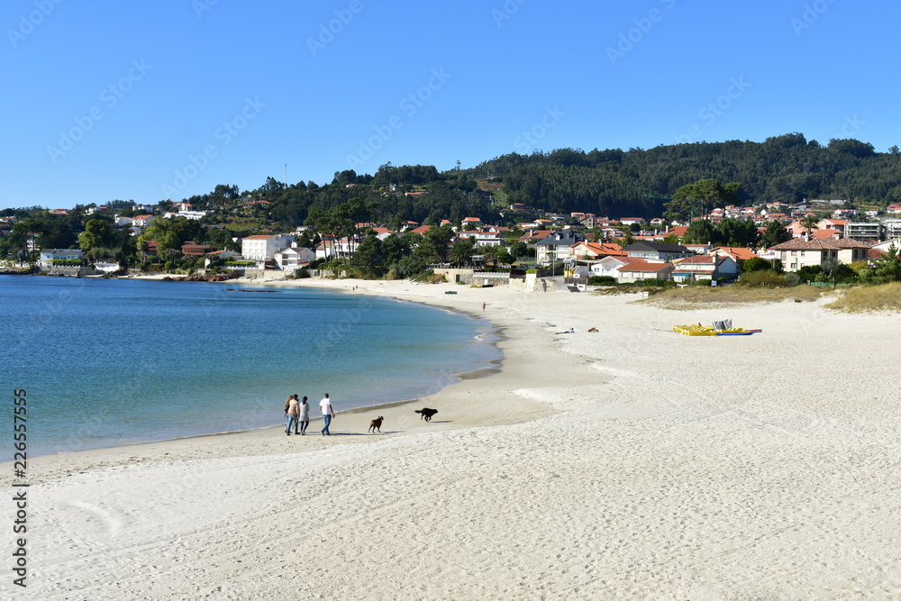 Beach with people and dogs walking. White sand and turquoise water, blue sky. Pontevedra, Rias Baixas, Spain.