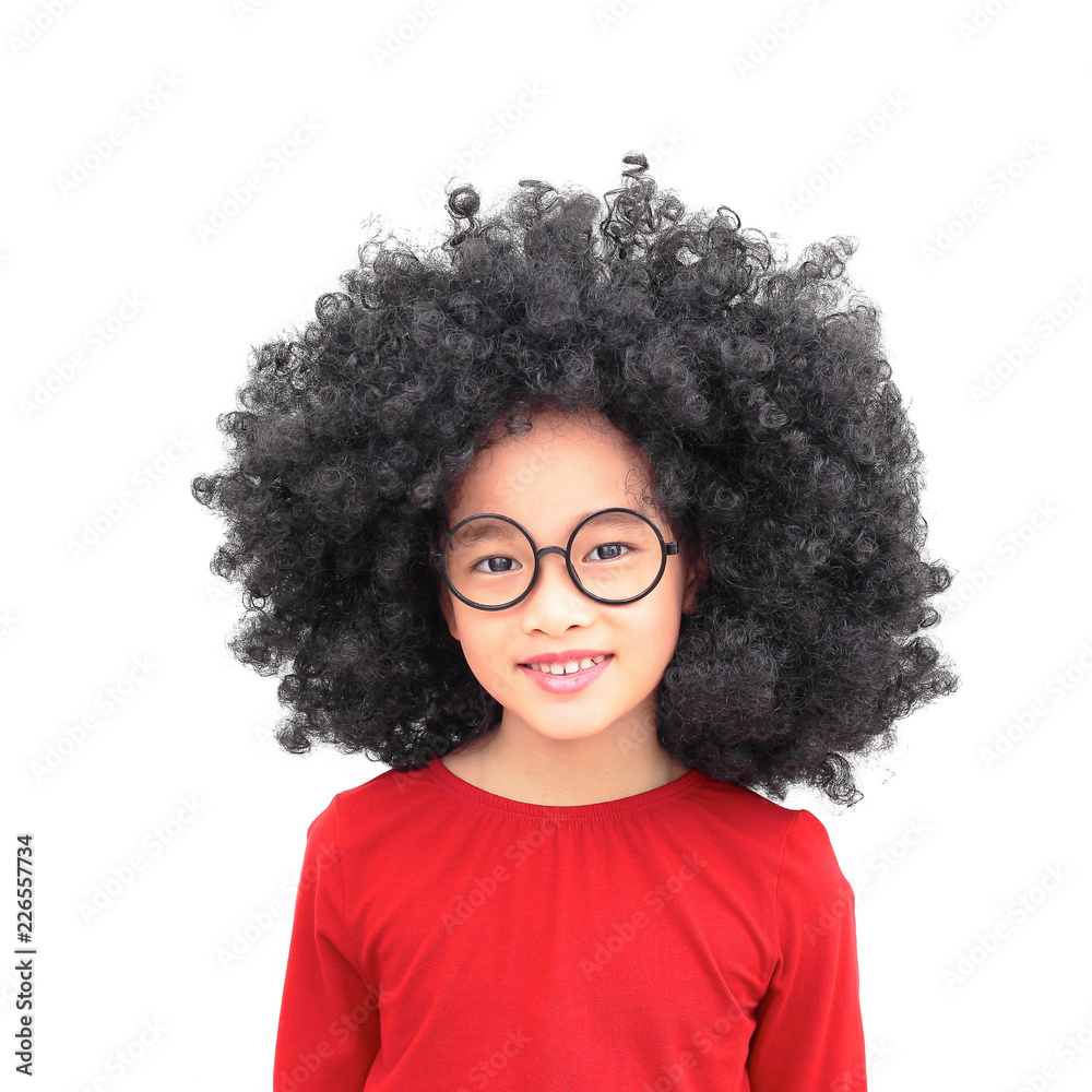 Young beautiful chinese asian girl with an afro hairstyle. Smiling girl wearing eyeglasses. Isolated on white background Young beautiful chinese asian girl with an afro hairstyle. Smiling girl wearing eyeglasses. Isolated on white background