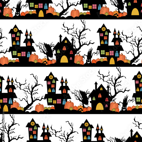 Halloween seamless pattern with castles,pumpkins and trees.Vector holiday background.Textile texture