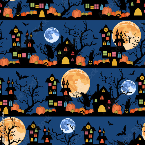 Halloween seamless pattern with castles,moons,pumpkins and trees.Vector holiday background.Textile texture
