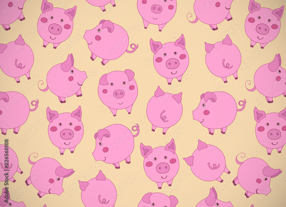 Horizontal greeting card with cute cartoon pink pigs, apples and acorns on yellow. Vector illustration.