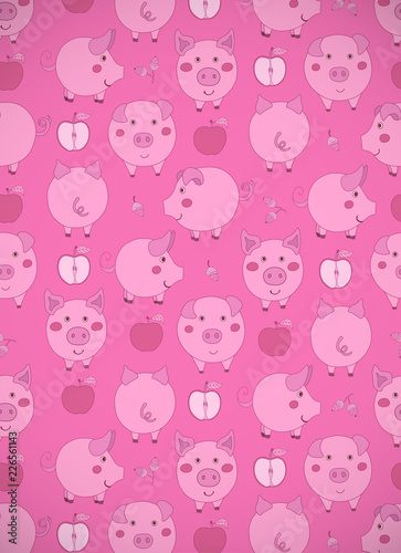 Fototapeta Naklejka Na Ścianę i Meble -  Vertical greeting card with cute cartoon pink pigs, apples and acorns on dark pink. Vector