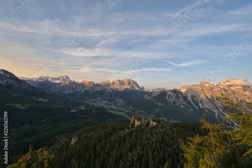 Fantastic alpine resort with stunning sunset and high mountains in background, Cortina d Ampezzo, Dolomites, South Tyrol, Italy