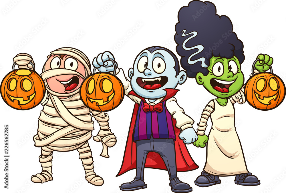 Cute cartoon Halloween kids trick or treating. Vector illustration with