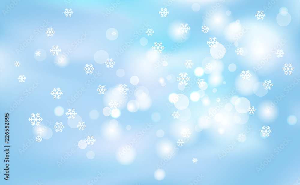 Christmas, New Years chaotic blur bokeh of light snowflakes on background blue. Vector illustration for design and decorating