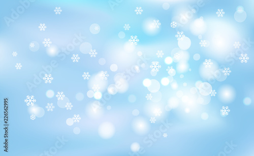 Christmas, New Years chaotic blur bokeh of light snowflakes on background blue. Vector illustration for design and decorating