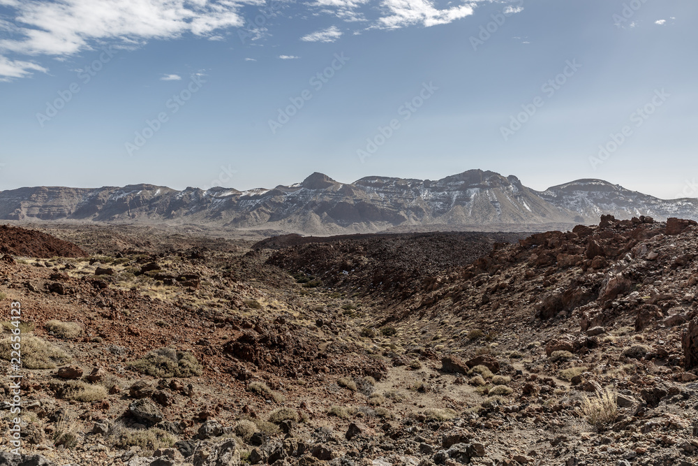 Landscape of mountains and volcanic lava in the famous Teide National Park on a beautiful sunny day. Canary Islands.