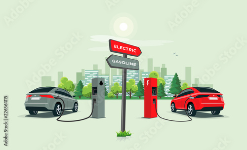 Vector illustration comparing electric versus gasoline car with directional sign. Electric car charging at charger station vs. fossil car refueling petrol at gas station. City skyline in background.