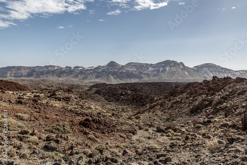 Landscape of mountains and volcanic lava in the famous Teide National Park on a beautiful sunny day. Canary Islands.