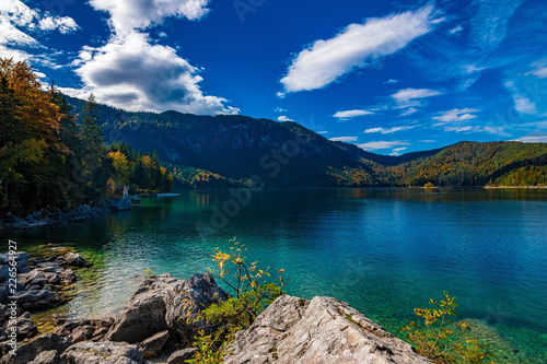 A beautiful view at the colourful sea "Eibsee" in Germany, Alps, October 2018