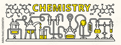 Chemistry experiment banner. Outline illustration of chemistry experiment vector banner for web design