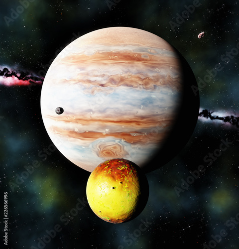 Fototapeta Naklejka Na Ścianę i Meble -  gas giant planet and volcanic moon (like Jupiter and Io), 3d render