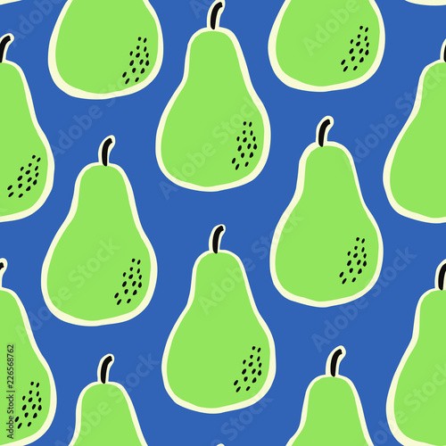 Hand drawn seamless pattern with pears in green, black and cream on blue background.