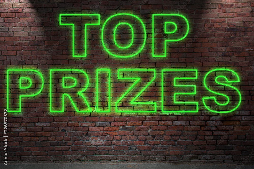 Obraz premium Leuchtreklame Top Prizes an Ziegelsteinmauer