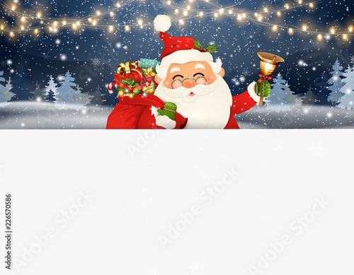 Happy Santa Claus standing behind a blank sign. Cartoon Santa Claus character with gift bag full of gift boxes, jingle bell and white copy space. Holiday winter landscape with firs, light, snow. © pipochka