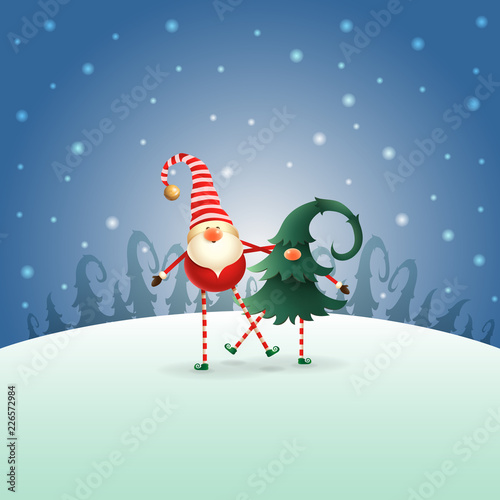 Happy Christmas Gnomes friends playing and dancing - blue winter night landscape