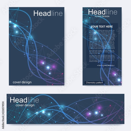 Set flyer, brochure size A4 template,banner. Molecular structure with connected lines and dots. Scientific pattern atom DNA with elements for magazine, leaflet, cover, poster design.