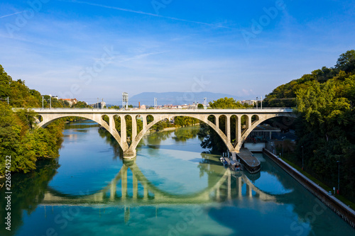 Aerial view of Arve an Rhone river confluent in Geneva Switzerland