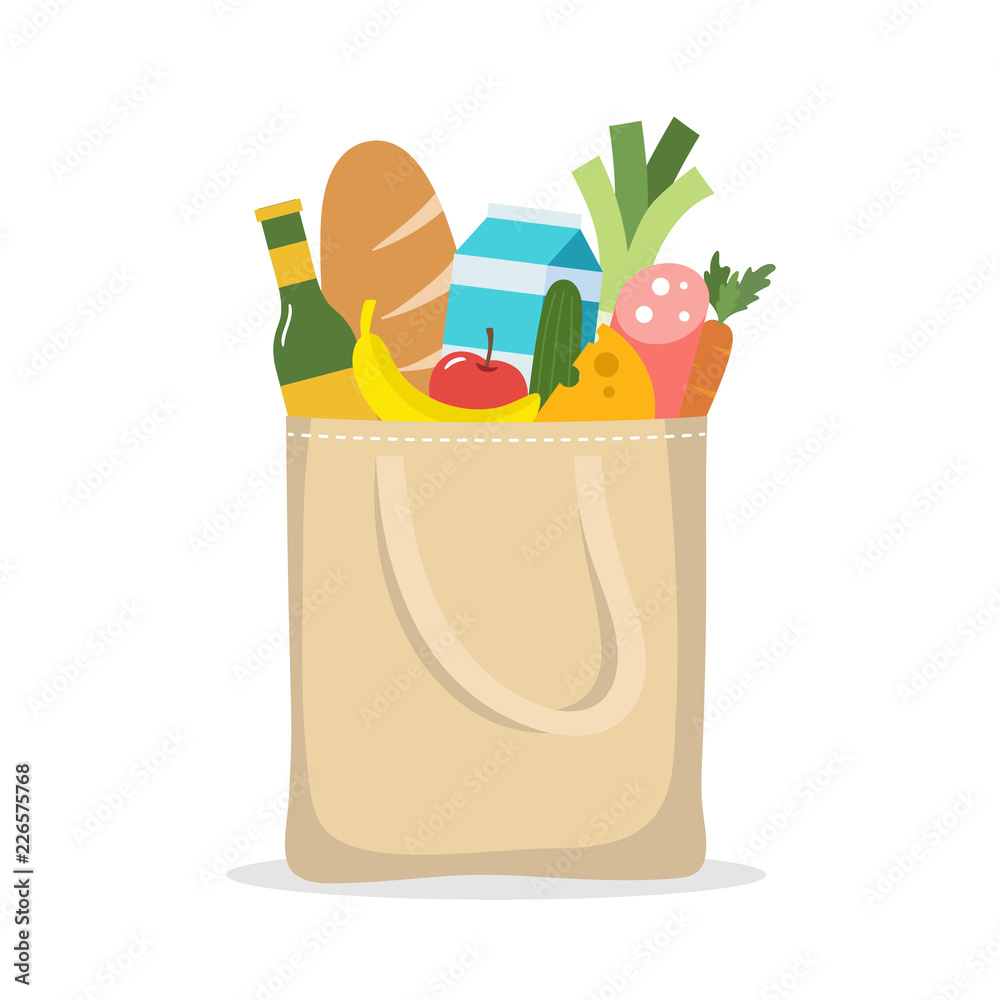 Naklejka Shopping bag with food. Purchases in eco bag.