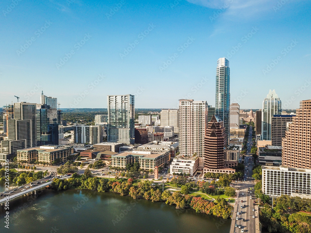 Aerial of Auston Texas from the Congress Avenue Bridge next to the Statesmans Bat Observation Center