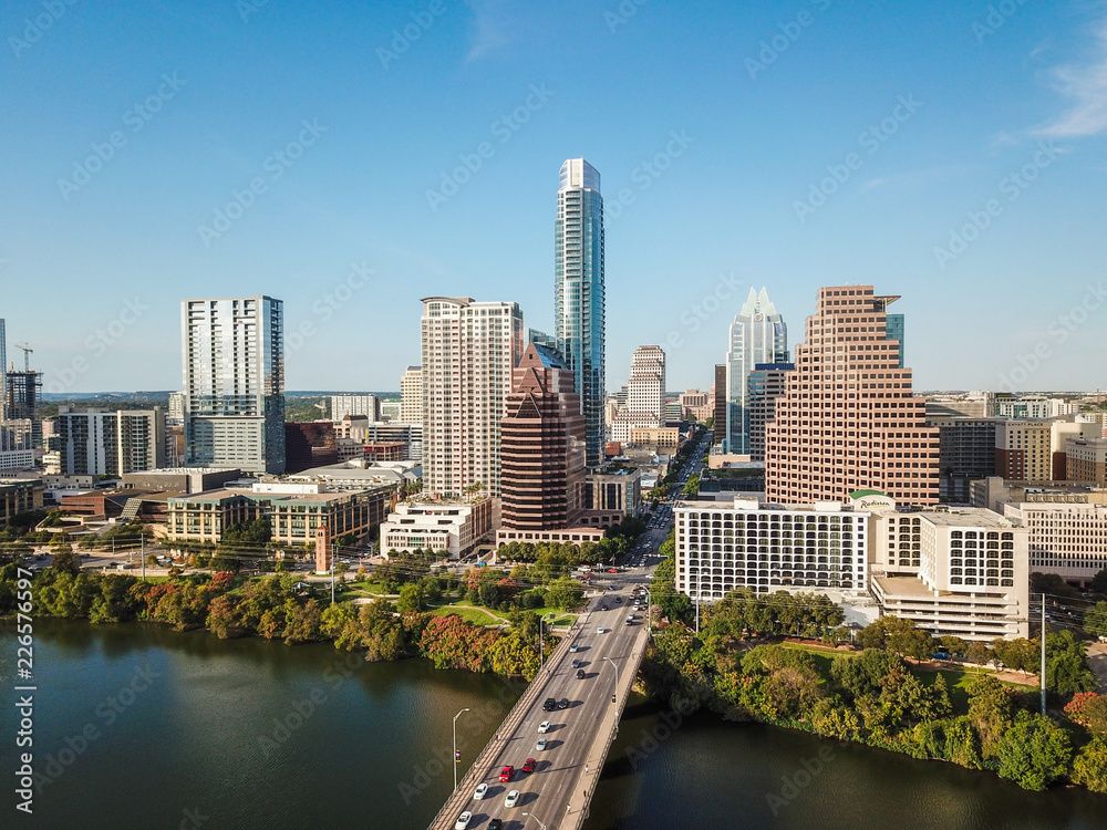 Aerial of Auston Texas from the Congress Avenue Bridge next to the Statesmans Bat Observation Center