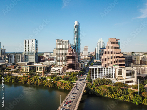Aerial of Auston Texas from the Congress Avenue Bridge next to the Statesmans Bat Observation Center © Christian Hinkle