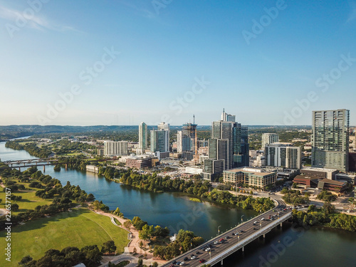 Aerial of Auston Texas from the Congress Avenue Bridge next to the Statesmans Bat Observation Center