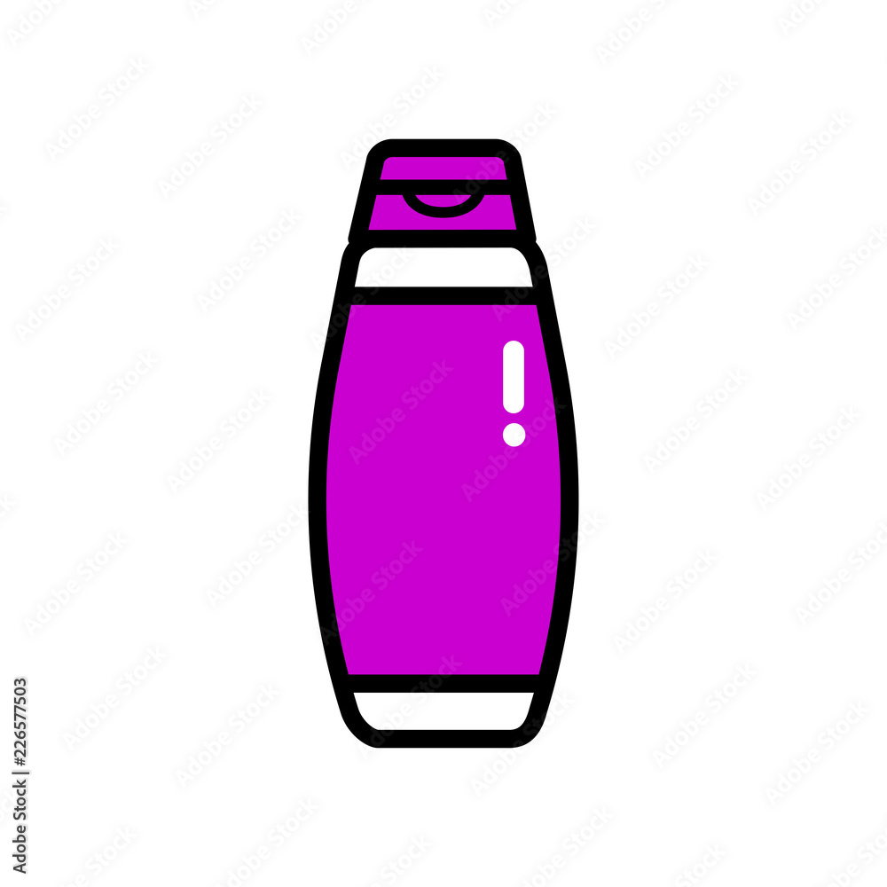 Vector flat illustration card with icon bottle for shampoo, shower gel, liquid soap, lotion, cream or etc. Pink and black on a white background Vector flat illustration card with icon bottle for shampoo, shower gel, liquid soap, lotion, cream or etc. Pink and black on a white background