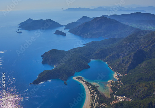 Aerial view of blue lagoon and pebble beach in Oludeniz, Fethiye district, Turquoise Coast of southwestern Turkey.