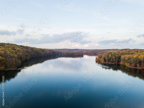 Aerial of Loch Raven Reservoir in Baltimore County, Maryland during Fall