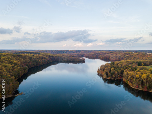 Aerial of Loch Raven Reservoir in Baltimore County, Maryland during Fall