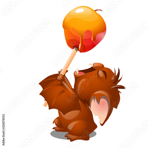 Little furry cute winged monster wants to eat big candy apple dipped in caramel with stick isolated on white background. Handmade sweetness is toffee apple. Vector cartoon close-up illustration.