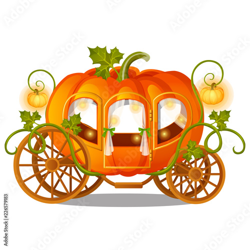 Vintage horse carriage of pumpkin with florid ornament isolated on white background. Sketch for a poster or card for the holiday Halloween or thanksgiving day. Vector cartoon close-up illustration.