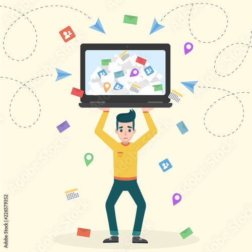 Young upset man holding a laptop over the head. Information overload vector concept. Flat design illustration of receiving too much email correspondence.