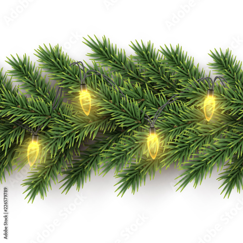 Fir branch with yellow bulb garland horizontal seamless pattern. Vector seamless Christmas tree background.