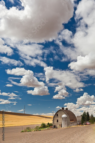 A barn with a silo in the Palouse region of Pullman, WA