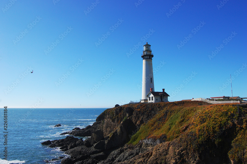 Lighthouse with blue sky background in Pigeon Point Light Station State Historic Park, Pescadero, California, USA