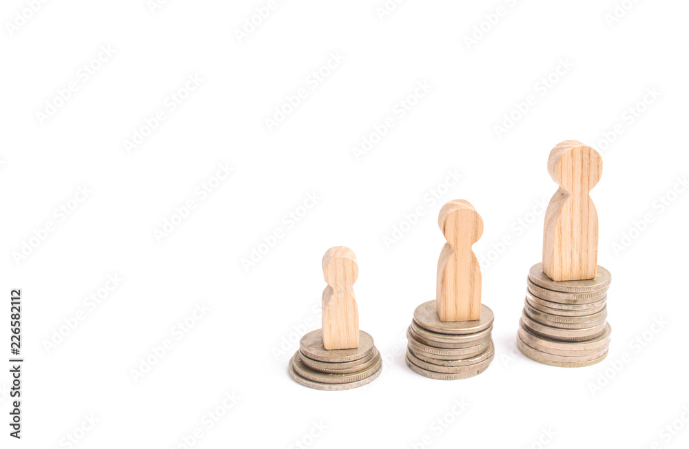 The growth of social standards. Career growth and promotion. Hard work pays off. People stand on piles of coins. The concept of increasing wages and expenses for workers. The growth of social standards. Career growth and promotion. Hard work pays off. People stand on piles of coins. The concept of increasing wages and expenses for workers.