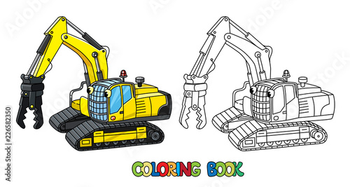 Funny small excavator with eyes. Coloring book