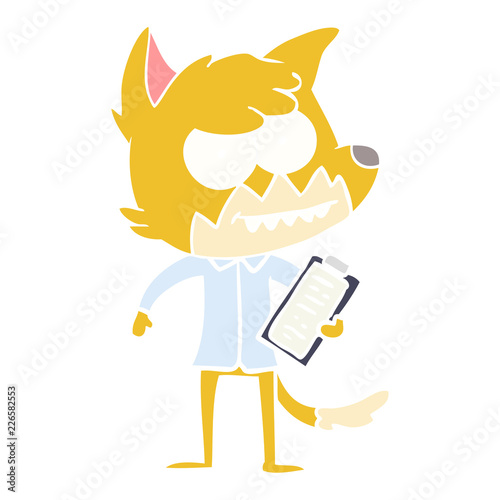 flat color style cartoon grinning fox with clipboard