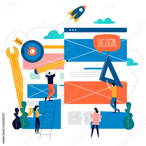 Website development, web page construction, landing page building process, website layout and interface development flat vector illustration design for mobile and web graphics. Web design concept