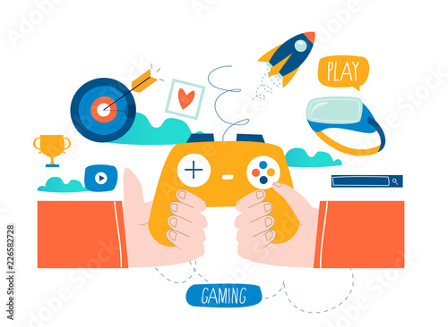 VR game concept with joystick flat vector illustartion. Video game, virtual reality platform design for mobile and web graphics