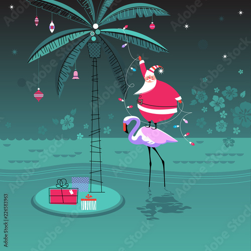 Cute little Santa Claus stands on flamingo decorating palm tree with Christmas ornaments and garland lights. Tropical happy holidays concept. Vector illustration.