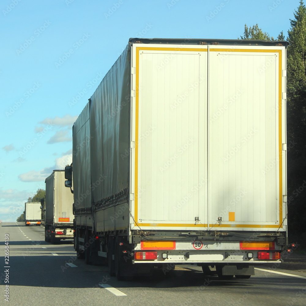 Heavy duty transportation in logistics - three white semi-trailer trucks rides on asphalt highway in summer against green trees, road signs and blue sky, rear-side view