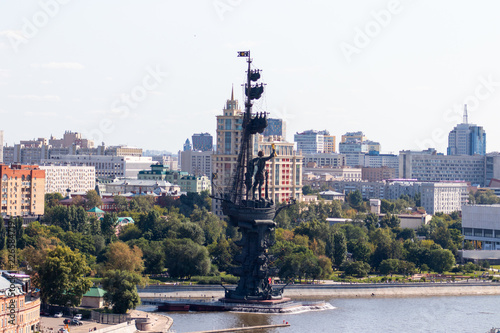 Moscow river with a large monument of Peter the Great on the ship. A grand work of art.