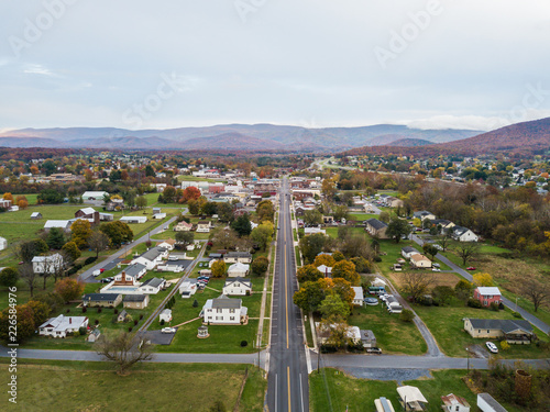 Aerial of the small town of Elkton, Virginia in the Shenandoah Valley with Mountains in the Distance photo
