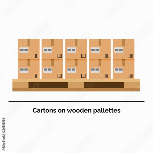 Vector illustration in flat style of the stack of cardboards standing on the wooden pallet. Warehouse equipment concept.