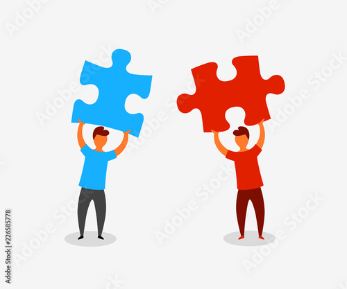 Two flat style people connecting puzzle elements. Business, teamwork and partnership concept. Vector illustration